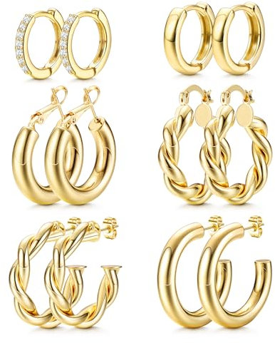 Dochais 6 Paar Vergoldet 14K Creolen Gold Klein Hypoallergen Zirkonia Gold Hoop Earrings Huggie Twist Ohrringe für Damen