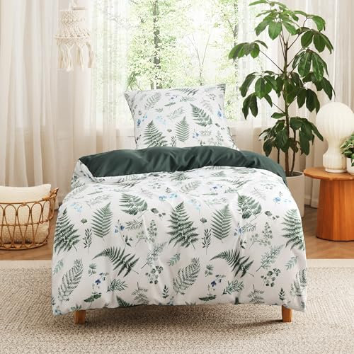 BEDSURE Bettwäsche 135x200 2teilig Bettbezug - Bettwäsche-Sets 135 x 200 cm mit Kissenbezug 80x80 cm, ÖKO-TEX Wendebettwäsche Bedding Muster Grün Blumen Pflanzen für Einzelbett mit Reißverschluss