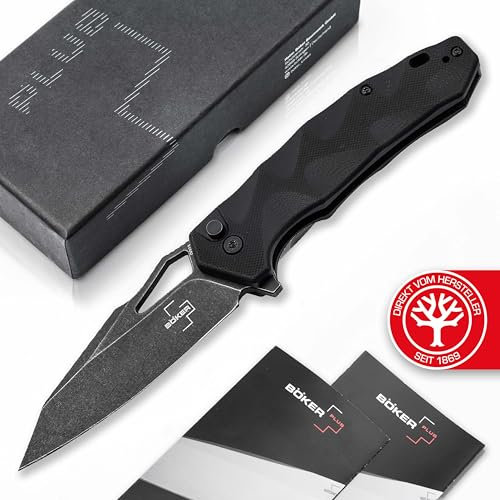 BÖKER PLUS® Kirke - Button Lock Klappmesser mit Wharncliffe Nitro-V Klinge - Flipper Einhand-Messer mit G10 Griff schwarz - taktisches EDC Taschenmesser mit Daumen-Öffnung, Clip & Geschenk-Box