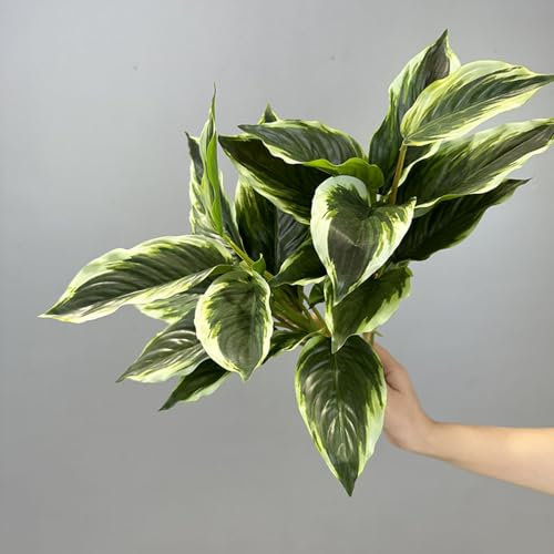 2 Packs Variegated Hosta Artificial Plant 17.7 Faux Green Dieffenbachia Greenery Plants Outdoor Shrubs for Indoor Office Porch Yard UV Resistant Planter Filler (2)