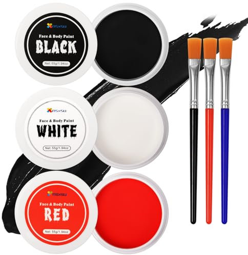 nsxsu Halloween Weiß + Schwarz + Rot Schminke Bodypainting 165g(5.83oz ),Gesichtsbemalung Kit für Kinder und Erwachsene,Körperfarbe Set mit Pinseln für Halloween SFX Makeup Cosplay Clown Art Theater