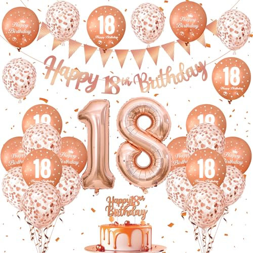 Decorazioni Compleanno 18 Anni, Palloncini 18 Anni Compleanno con Palloncini Oro Rosa, Palloncino Numero 18, Striscione Buon Compleanno, Topper Torta Compleanno, per Addobbi 18 Anni Compleanno Bambina
