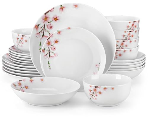VEWEET Serie ANNIE Vajilla Completa de Porcelana para 6 Personas, 24 Piezzas con Platos Llanos, Platos de Postre, Cuencos para Pasta y Cuencos para Cereal, Blanco Neutro con Estampado Floral Rosa