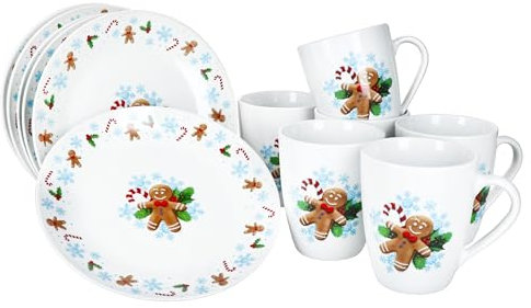 MamboCat Candyman Lot de 12 assiettes à petit-déjeuner I 6 petites assiettes à petit-déjeuner et 6 tasses de 320 ml pour 6 personnes avec décor de Noël bleu glacé pour Noël, l'Avent et Saint-Nicolas