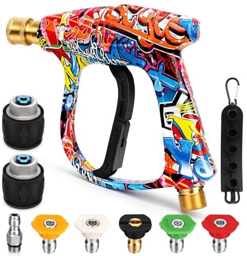 Short High Pressure Washer Gun with 5 Nozzles & 2 Hose Connectors, 4000PSI Cleaner Gun Car Wash Water Gun M22-14mm Water Inlet to 1/4 Connect, for Karcher K-series Quick Connect & Release Trigger Gun