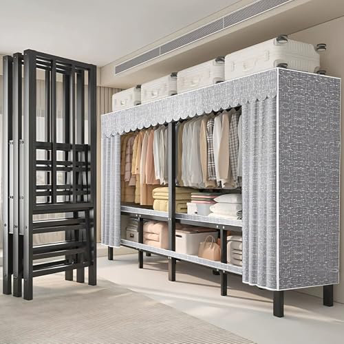 FKKPRVAX Faltbar Stoffschränke Robuster Tragbarer Kleiderschrank mit Abdeckung, 500 Kg, mit Kleiderstange und Ablagen, Soffüberzug, Garderobe für, Schlafzimmer, Arbeitszimmer (A, 242 * 170 * 52cm)