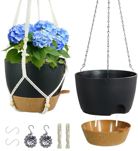 Meowell Selbstbewässernde hängende Pflanzgefäße, 25,4 cm, 2 Stück, hängende Blumentöpfe für Innen- und Außenbereich, Hängekörbe mit Drainagelöchern und 2 Arten von Pflanzenaufhängern für Garten