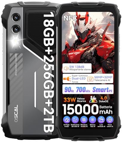 OSCAL Pilot 1 Outdoor Handy Ohne Vertrag Android 14, 15000mAh/33W, 18GB + 256GB/2TB, 6.67 90Hz, 50MP+32MP AI Outdoor Smartphone, 5W 138dB Lautsprecher, Dual LED Baustellenhandy, NFC/OTG/GPS/Face ID