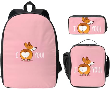 FEYUNYAN Schulrucksack für Mädchen und Jungen, Hund Druck Schultasche 3er Set, 15 Zoll Laptop Rucksack, Isolierte Lunchtasche, Federmäppchen, Mittelschultasche für Teen Jugendliche Studenten, hund