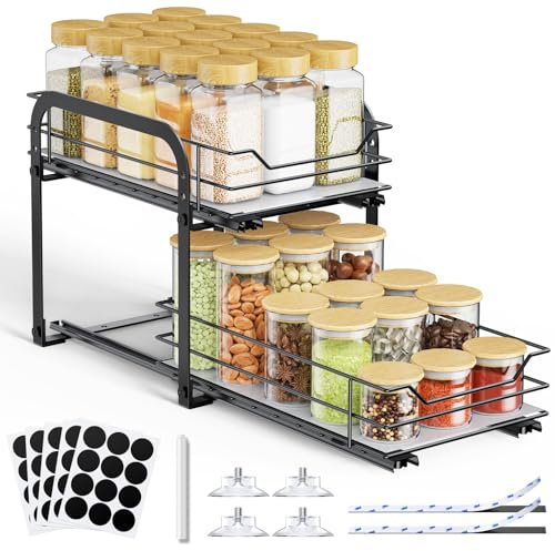 AHOMSEL 2 Etagen Gewürzregal Ausziehbar, Höhenverstellbar Küchenschrank Organizer, Gewürzregal Stehend, Ausziehbares Gewürz Regal mit Aufkleber für Schrank Küche Arbeitsplatte, L26.4*B18*H23cm