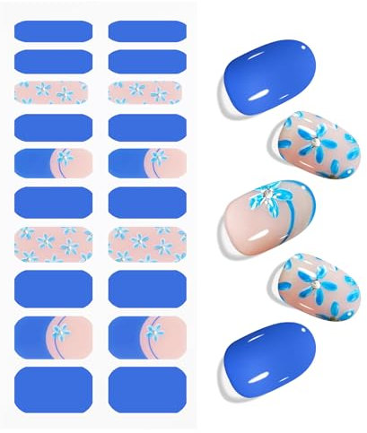 JMEOWIO Gel Nail Stickers Blue Flower French Tip Semi Cured Gel Nail Strips Wraps UV/LED Nails Art Design Decoration Accessories