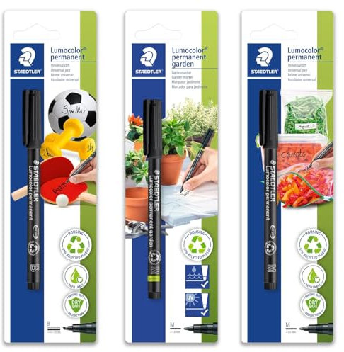 STAEDTLER Lumocolor Folienstift 3er Set Garten, Küche und Geräte 319 GM M-9, 317-9 BK-1 und 314-9 BK-1