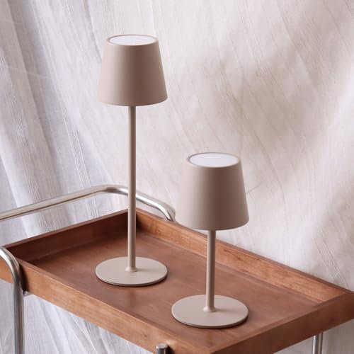 DILUMEN 2 Stück Tischlamp Dimmbare Touch Kabellose,Led Tischlampe Akku Usb Aufladbar,Drei Farbtemperaturen Metall LED Wiederaufladbar Tischlampe für Outdoor und Indoor,IP54 Wasserdicht,5200mAh,Beige