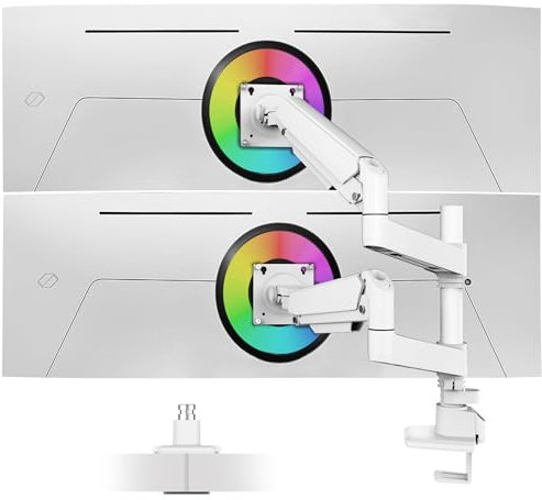 Dual Monitor Mount for Curved Flat Screens, Heavy Duty Ultrawide Tall Monitor Arm, Fits 13 to 49 Inch Stacking Vertical Screens, Holds Up to 44lbs, 75/100 Vesa Mount, Perfect for Samsung G9 LG, White
