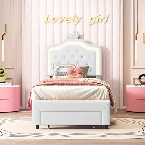 Lit Simple 90x200 cm avec Rangement Tiroir au Pied, Tête de Lit Lumineux LED et Structure en PU – Design Moderne et Fonctionnel (Blanche)