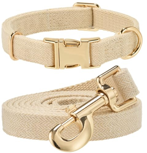 YUDOTE Hundehalsband und Leine Set Klein, Weiche Reizfreie natürlicher Baumwolle mit Twillgewebe für Hund mit empfindlicher Haut, Hellbeige