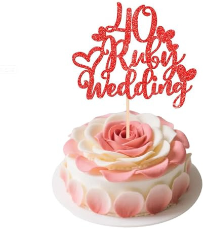 40th Ruby Wedding Cake Topper, Red Glitter 40th Ruby Wedding Anniversary Decorations, Heart Cake Pick Decoration Gift for 40 Years and Love Celebration Party Supplies