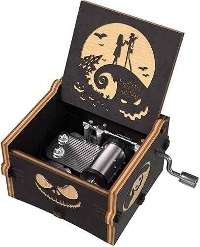 Abuyall Before Christmas Music Box, Engraved Mini Wood Music Box Gift, Melody This is Halloween, Home Decor for Halloween Valentines Christmas Boys and Girls (Halloween)