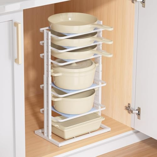 MUDEELA 6-Tier Expandable Pan Organizer with 12 inch Capacity, White | Heavy duty cabinet rack fits 12 inch pans, adjustable width 14 to 23.59 inches. Saves space and securely holds heavy cookware