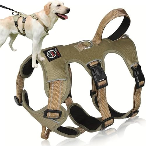 Lalazoo ELBA Sicherheitsgeschirr Hund ausbruchsicher – Verstellbares No-Pull Hundegeschirr gepolstert & reflektierend mit Griff & 6-Punkt-Verstellung – Robustes Anti-Ausbruch Geschirr – Khaki, S
