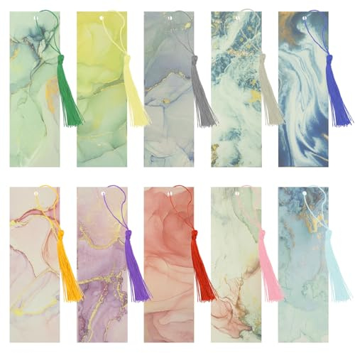 ALLY-MAGIC Lesezeichen Papier, 10er Set Marmorierter Bookmarks mit Quasten, Geschenk Tags für Buchliebhaber, Basteln & Beschriften, Elegante Lesezeichen für Schulen, Geschenke & DIY Projekte E21-DLSSQ