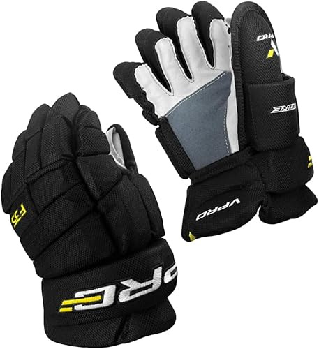 VPRO Ice Hockey Gloves - Black with White Accents, Nylon Shell with Shock Absorbing FoamSweat Absorbing Lining