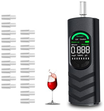 YRHWS Alkoholtester, Alkoholmessgeräte Polizeigenau Promilletester mit USB-C Akku, Professioneller Alkohol Tester mit 20 Mundstücken und Digitaler LCD Bildschirm