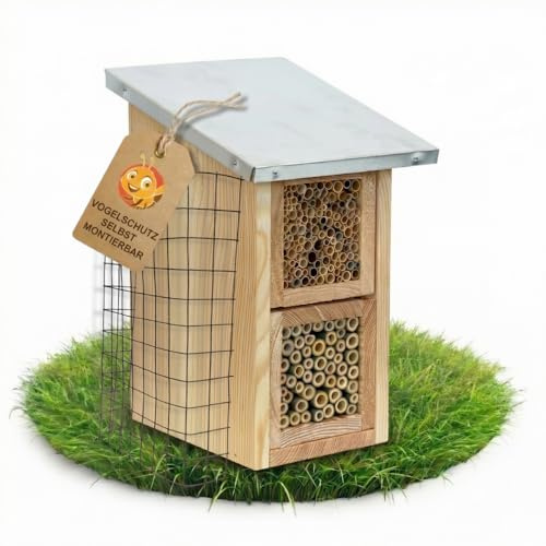 Beesi Insektenhaus zum Hängen – Nisthilfe Wildbienen mit austauschbaren Holzkästen (Module) – Schilf- & Bambusröhrchen (4-8mm) für Solitärbienen – Vogelschutz-Gitter gegen Spechte/Meisen