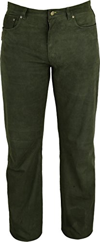 Jagd Lederhose Herren lang- Lange Lederhose Damen - Lederjeans- Echt Leder festem Nubuk - Lederhose Jeans 501 Olive- Motorrad Lederjeans