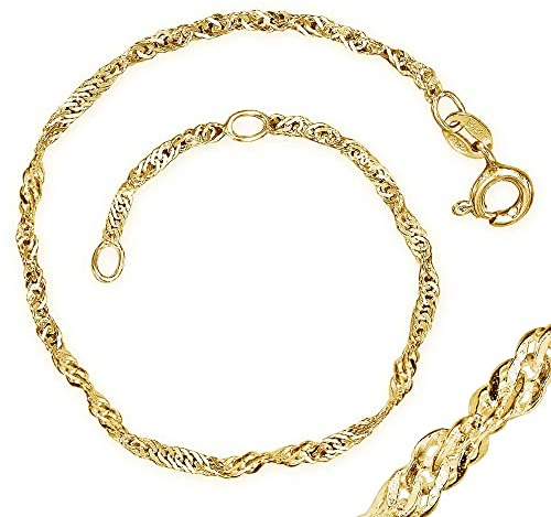 CLEVER SCHMUCK Damen Fußkette Gold Singapurkette 23/25 cm gedreht glänzend 925 Sterling Silberv ergoldet in Geschenkverpackung