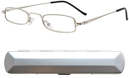 Schmale Metall Mini Lesebrille, Edelstahl Rahmen (Silber), mit Gratis Slim-Fit Alu Etui, Lesehilfe Flach Damen und Herren +2.0 Dioptrien