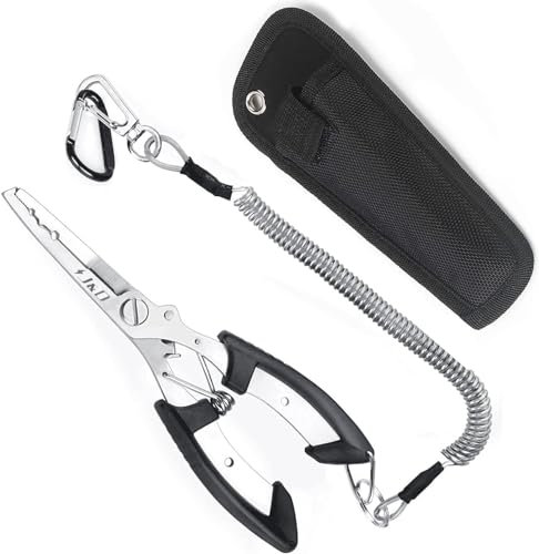 J&D Multi-Funzione Pinze Da Pesca, Acciaio Inox Rimuovere Gancio Strumento con Cordino Avvolgendo di Sicurezza e Nailon Guaina, Leggero Gancio Durevole Line Cutter Attrezzatura, Nero