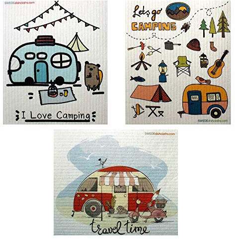 Swedish Dishcloths “Mixed Camping” Set of 3 cloths (One of Each Design) | ECO Friendly Absorbent Spongeloth