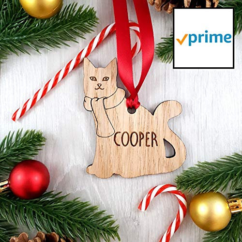 My Pretty Little Gifts Personalised Wooden Cat with Scarf - Perfect Xmas Tree Decoration for Your Pet!