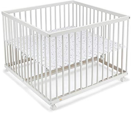 FabiMax Baby Laufgitter 100x100 Weiß lackiert, Stufenlos höhenverstellbar, mit Schlupfsprossen, Laufstall aus massivem Buchenholz (Keine)