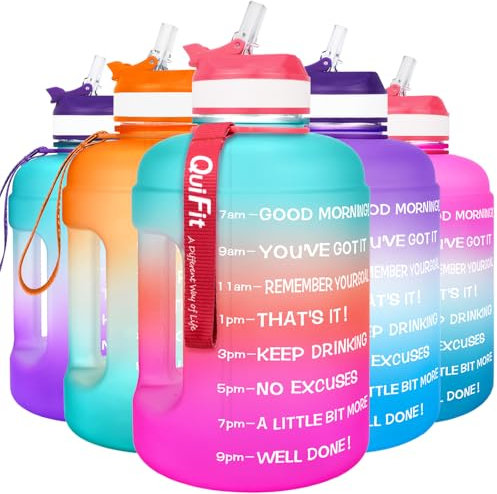 QuiFit 2.2 Litre Motivational Water Bottle - with Straw & Time Marker,Wide Mouth,BPA Free,Reusable,Ideal for Gym,Outdoor Sport,Home & Office (Green/Pink Gradient, 2.2 Liter)