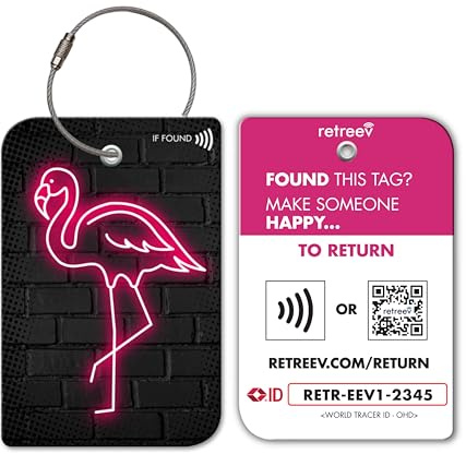retreev™ SMART ID Gepäckanhänger | NFC QR Code Gepäckanhänger mit Web Messaging Service - Flamingo