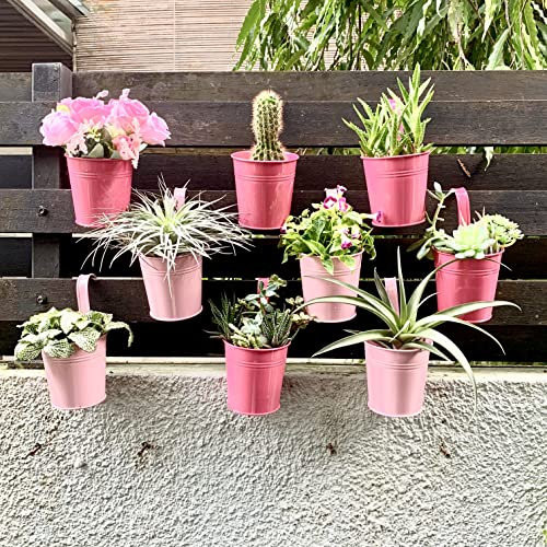 LaLaGreen Railing Planters Outdoor -10 Pack, 4 Inch Metal Hanging Flower Bucket, Small Pink Plant Pot Succulent Indoor Patio Fence Planter Box Balcony Garden Wall Decor Rail Deck Macetas Decorativas