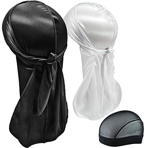 Hairizone Silky Durags 2er-Pack Wellen Stirnbänder für Herren (1 Schwarz + 1 Weiß + 1 x Kapuze)