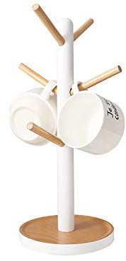Removable Wooden Mug Rack Tree, Mug Holder Coffee Tea Cup Storage Display Stand, Coffee Bar Accessories with 6 Hooks (White)