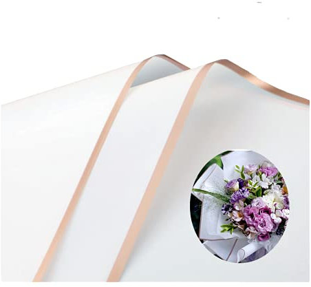 Geschenkpapier mit frischen Blumen, wasserdicht, Blumenpapier, frische Blumen, Blumenstrauß, Geschenkverpackung, koreanisches Floristenzubehör, Goldrand, 58 cm x 58 cm, Weiß, 40 Stück