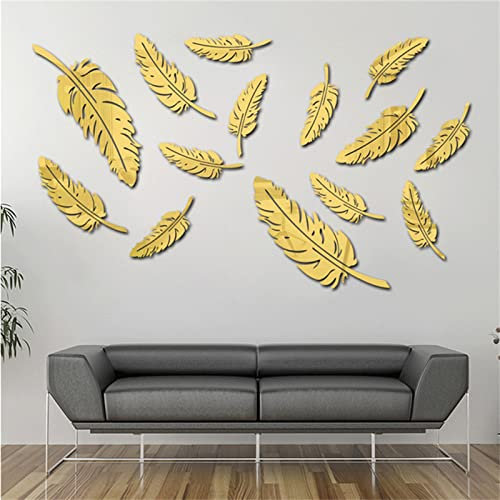 TROYSINC 15 Stück 3D Spiegel Acryl Wandaufkleber, Große Blätter Kunst WandSpiegel Wandtattoo, DIY Aufkleber Spiegel Wanddekor für Schlafzimmer Wohnzimmer (Gold)