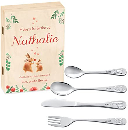 Maverton Kids Silverware in a Wooden Box – Personalised Animals Cutlery Set – Stainless Steel Engraved Utensil Set – for Girls - Christmas Gifts - Bunnies