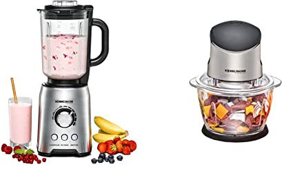 ROMMELSBACHER MX 1250 Standmixer, 1200, Edelstahl, 1.75 liters & MZ Multi Zerkleinerer 400-kraftvoller Motor, Glasbehälter, schwarz/Chrom gebürstet, 400 Watt, 4-flügeliges Spezialmesser, 1 Liter