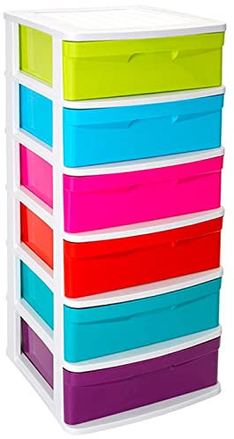 Acan Tradineur - Cassettiera Sena, 6 cassetti multicolore, plastica, torre di ordinazione multiuso, casa (bianco, 96,5 x 40 x 39 cm)