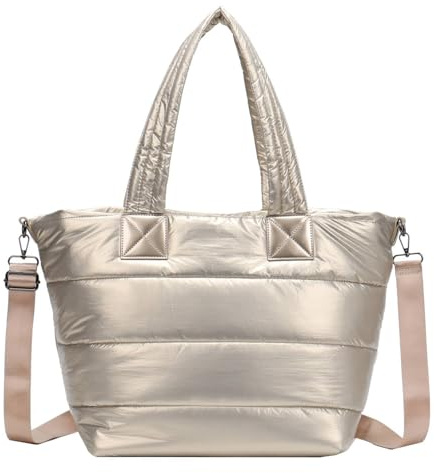 ITALYSHOP24 OBC XXL Damen Tasche Nylontasche Shopper Schultertasche Umhängetasche Beuteltasche Handtasche Weekender Reisetasche Shopping Bag Gold