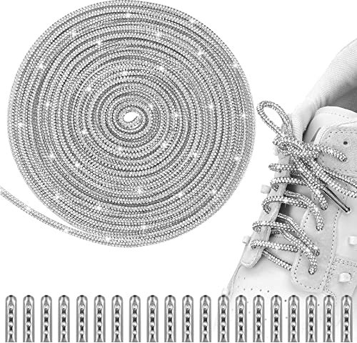 Abeillo 5 m Rund Schnürsenkel mit 20 Metallspitzenköpfen Glitzer Strass Schuhbänder Silber Kristall Laces, Blinkendes Nylonseil für DIY Jogginghosen Sneakers Stiefel Hoodie Kleid Dekorative Sneakers