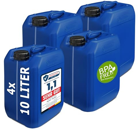 plasteo Lot de 4 bidons d'eau de 10 l - Sans BPA - Convient à un usage alimentaire - Fabriqué en FR - Camping - Homologation ONU - Portable - Intérieur et extérieur - Bleu