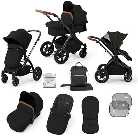 Ickle Bubba Stomp Luxe 2-in-1 All-Terrain Pram (Black/Midnight/Tan) | Birth to Approx. 4 Years, Includes Rain Cover, Footmuff, Apron & Sunshade, Foldable with Puncture-Proof Wheels
