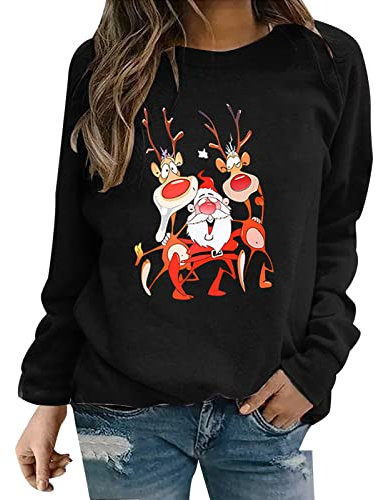 GADXE Karo Kauer Damen Damen-Rundhals-Langarm-Top mit Weihnachtsdruck, lässig, lockeres Sweatshirt Party Outfit Damen (Black, M)